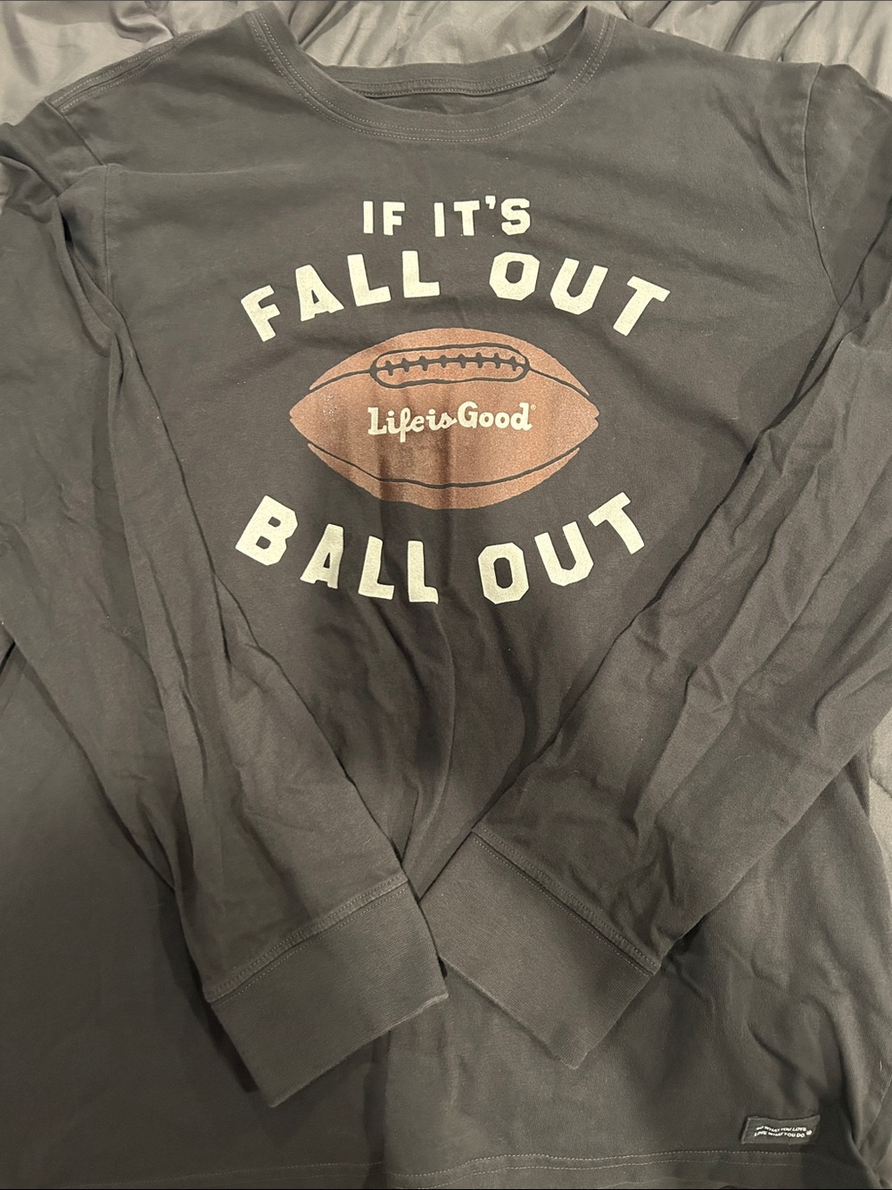 Life Is Good Dark Gray Long Sleeve Tee with Brown Football Graphic